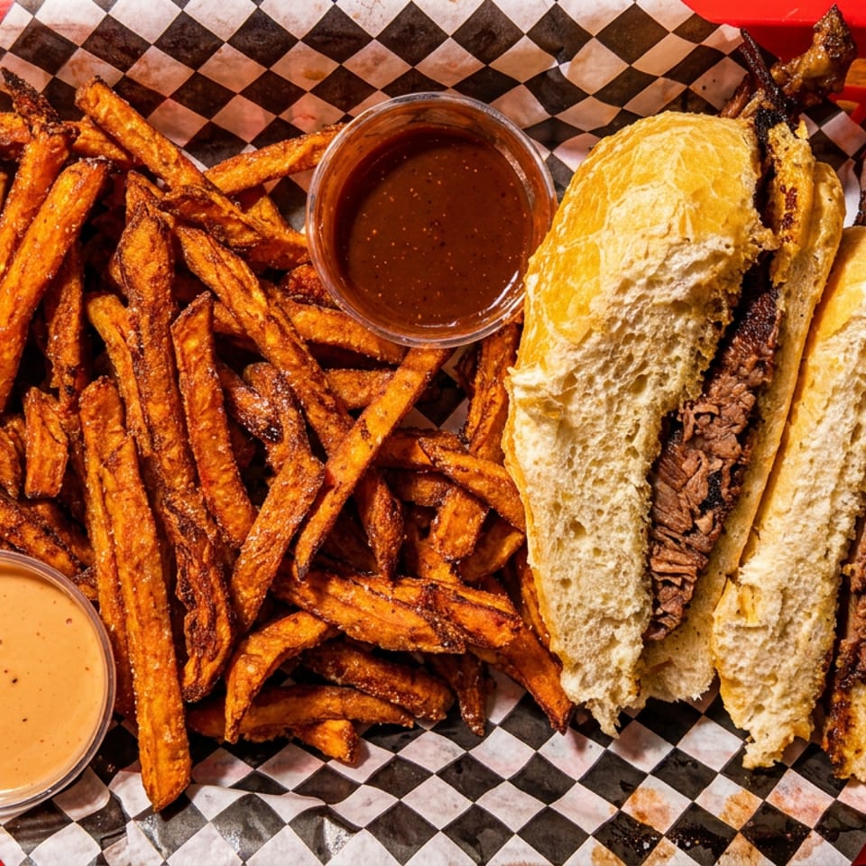 Brisket sandwich with sweet potato fries and two dipping sauces in a red basket.